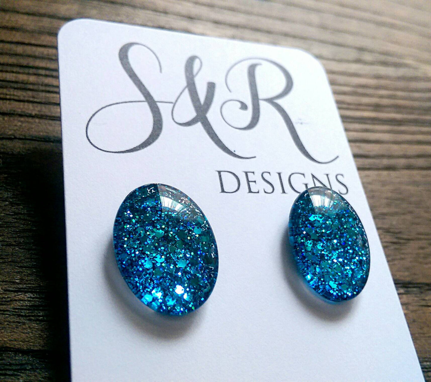 Oval Glass Glitter Resin Stud Earrings made of Stainless Steel, Ocean Blue Glitter Earrings