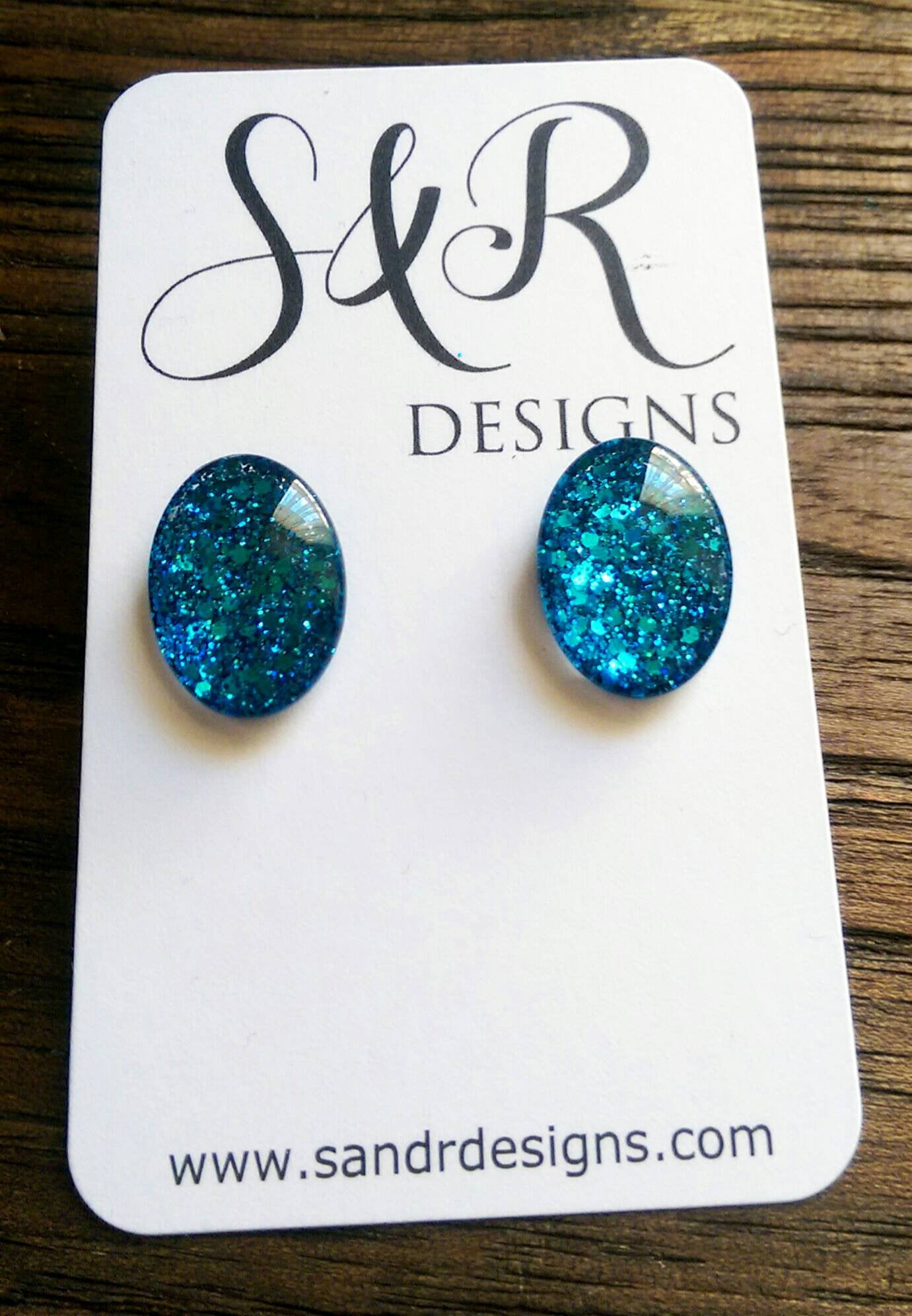 Oval Glass Glitter Resin Stud Earrings made of Stainless Steel, Ocean Blue Glitter Earrings