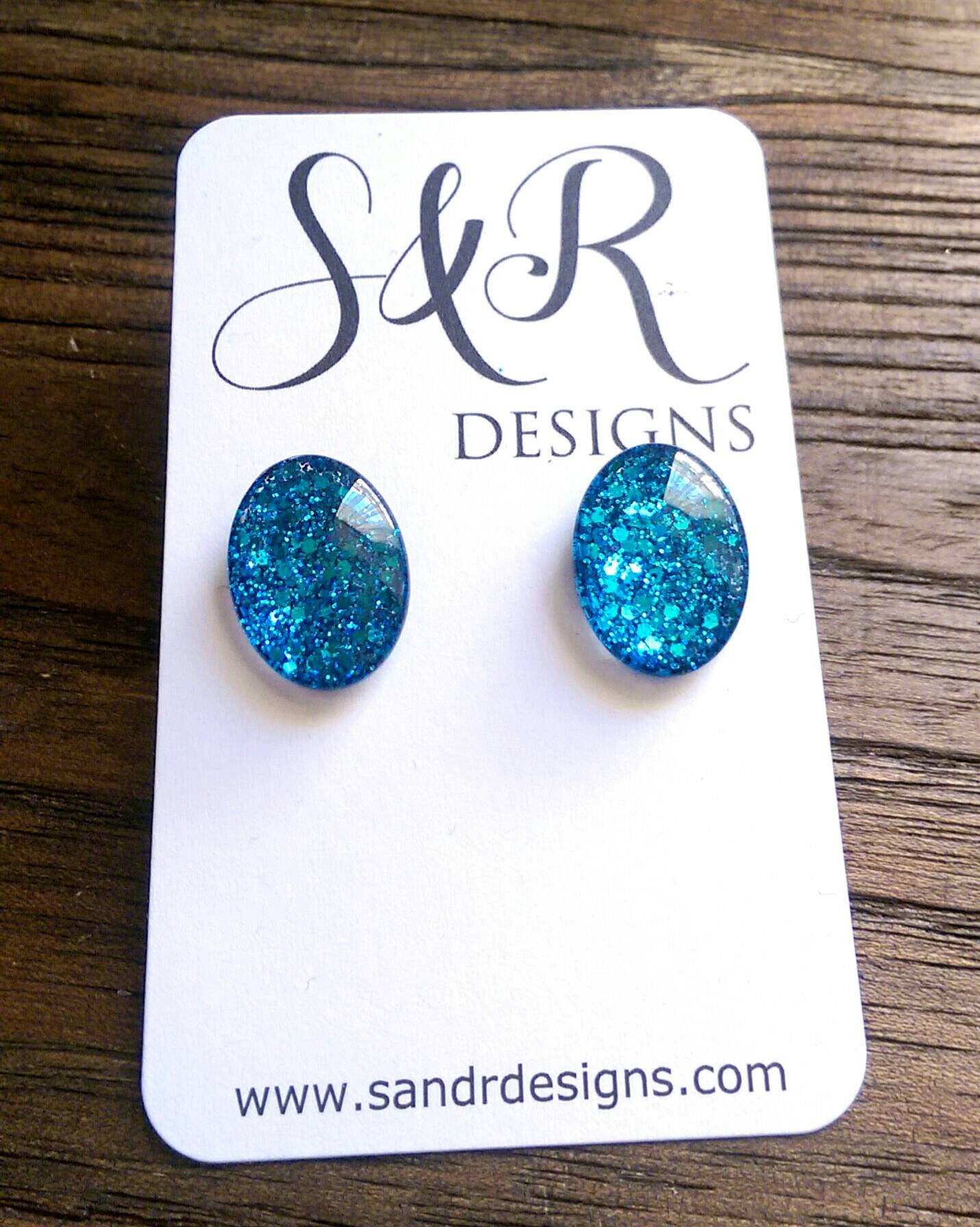 Oval Glass Glitter Resin Stud Earrings made of Stainless Steel, Ocean Blue Glitter Earrings