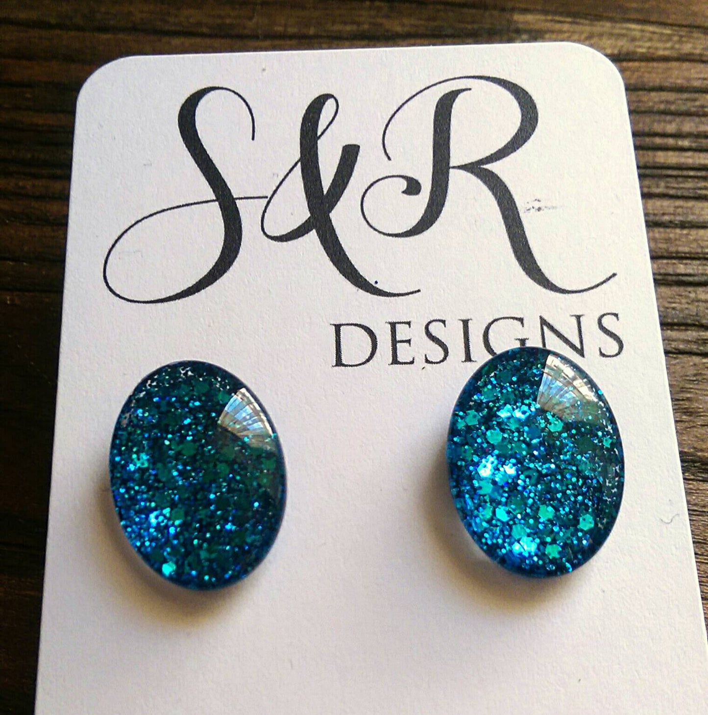 Oval Glass Glitter Resin Stud Earrings made of Stainless Steel, Ocean Blue Glitter Earrings