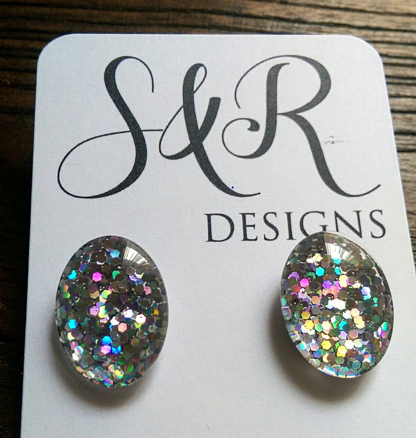 Oval Glass Glitter Resin Stud Earrings made of Stainless Steel, Silver Holographic Glitter Earrings