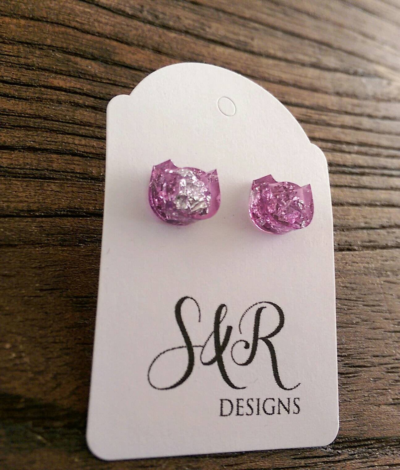 Cat Resin Stud Earrings, Leaf Earrings, Light Pink Silver Leaf Earrings made with Stainless Steel.