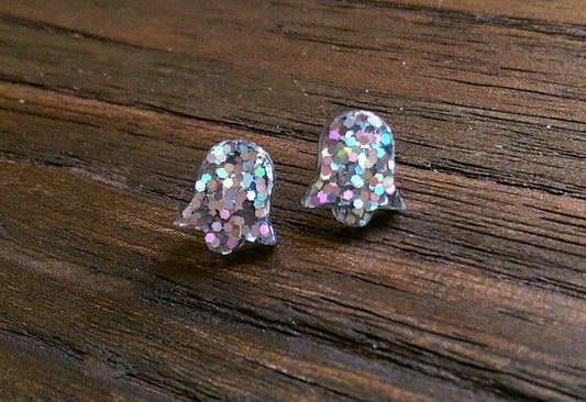 Bell Flower Resin Stud Earrings, Silver Holographic Glitter Earrings. Stainless Steel Stud Earrings.
