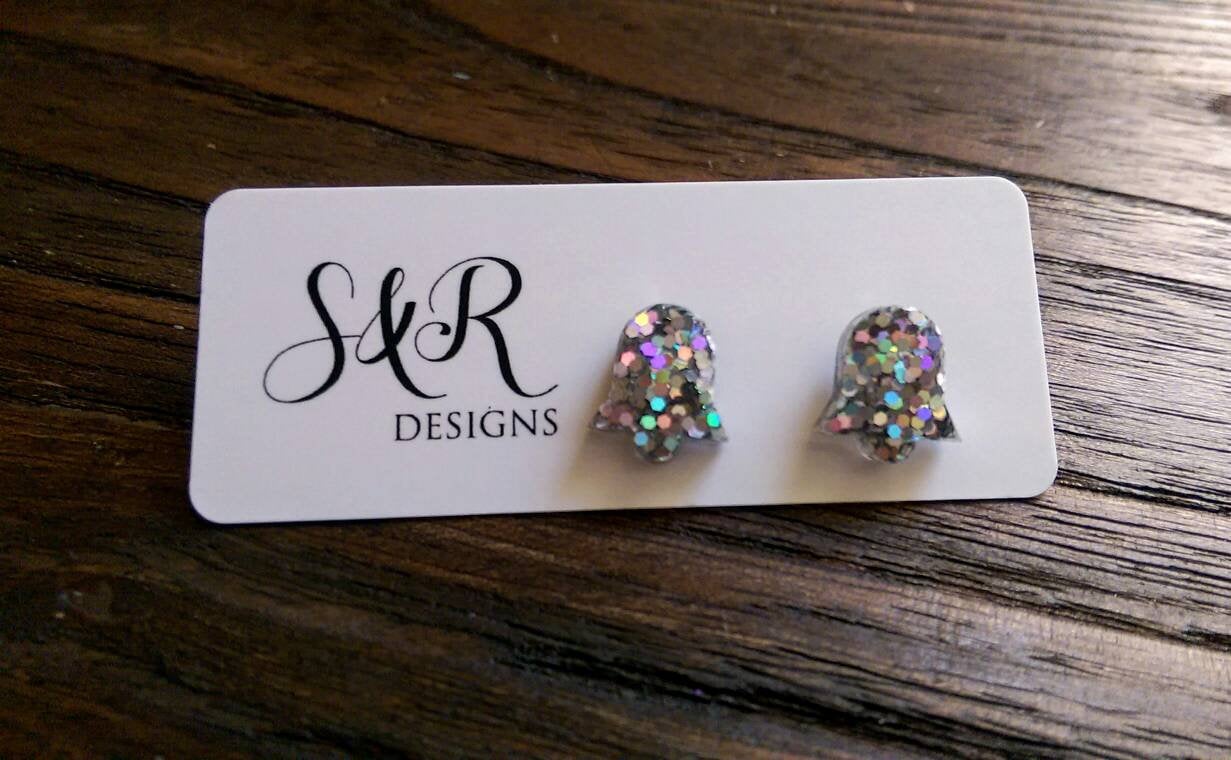 Bell Flower Resin Stud Earrings, Silver Holographic Glitter Earrings. Stainless Steel Stud Earrings.