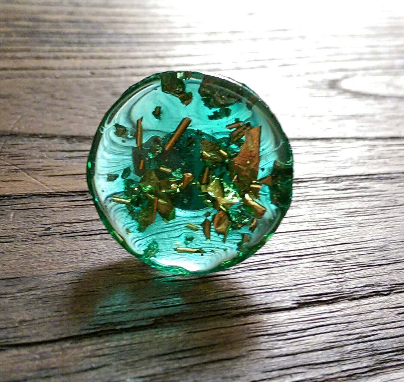 Statement Glass Resin Ring, Emerald Green Gold Leaf Ring Stainless Steel Adjustable Ring - Silver and Resin Designs