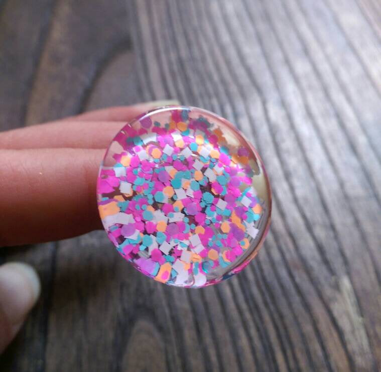 Statement Glass Resin Glitter Ring, Mix Glitter Ring Stainless Steel Adjustable Ring - Silver and Resin Designs