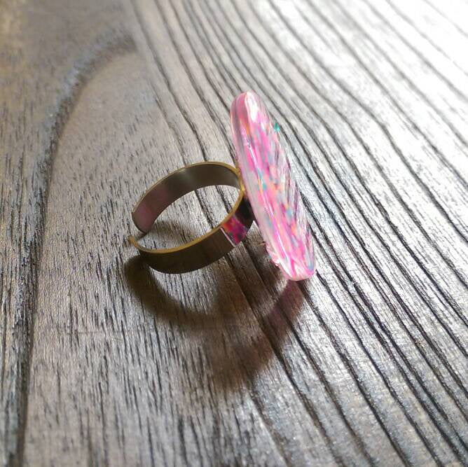 Statement Glass Resin Glitter Ring, Mix Glitter Ring Stainless Steel Adjustable Ring - Silver and Resin Designs