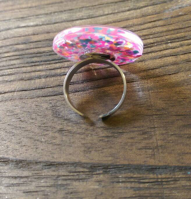 Statement Glass Resin Glitter Ring, Mix Glitter Ring Stainless Steel Adjustable Ring - Silver and Resin Designs