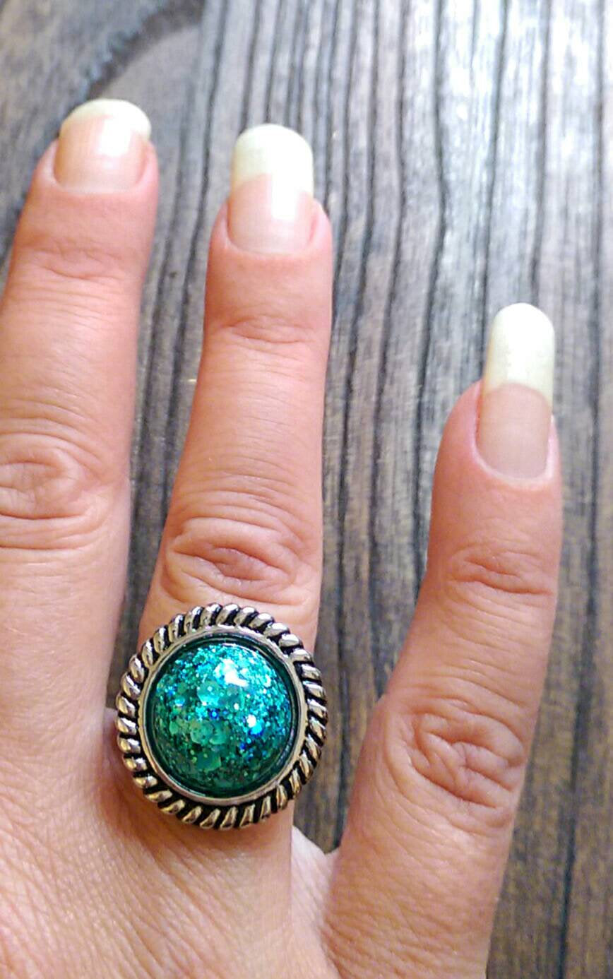 Resin Teal Glitter Ring, Statement Resin Ring, Stainless Steel Statement Ring - Silver and Resin Designs