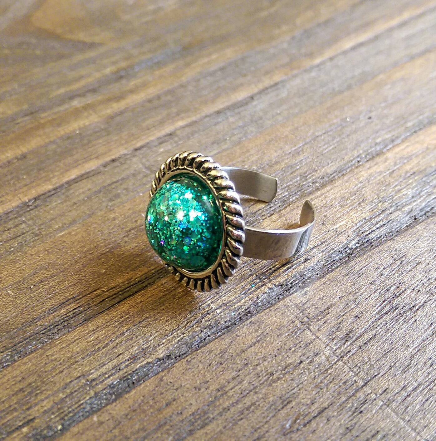 Resin Teal Glitter Ring, Statement Resin Ring, Stainless Steel Statement Ring - Silver and Resin Designs