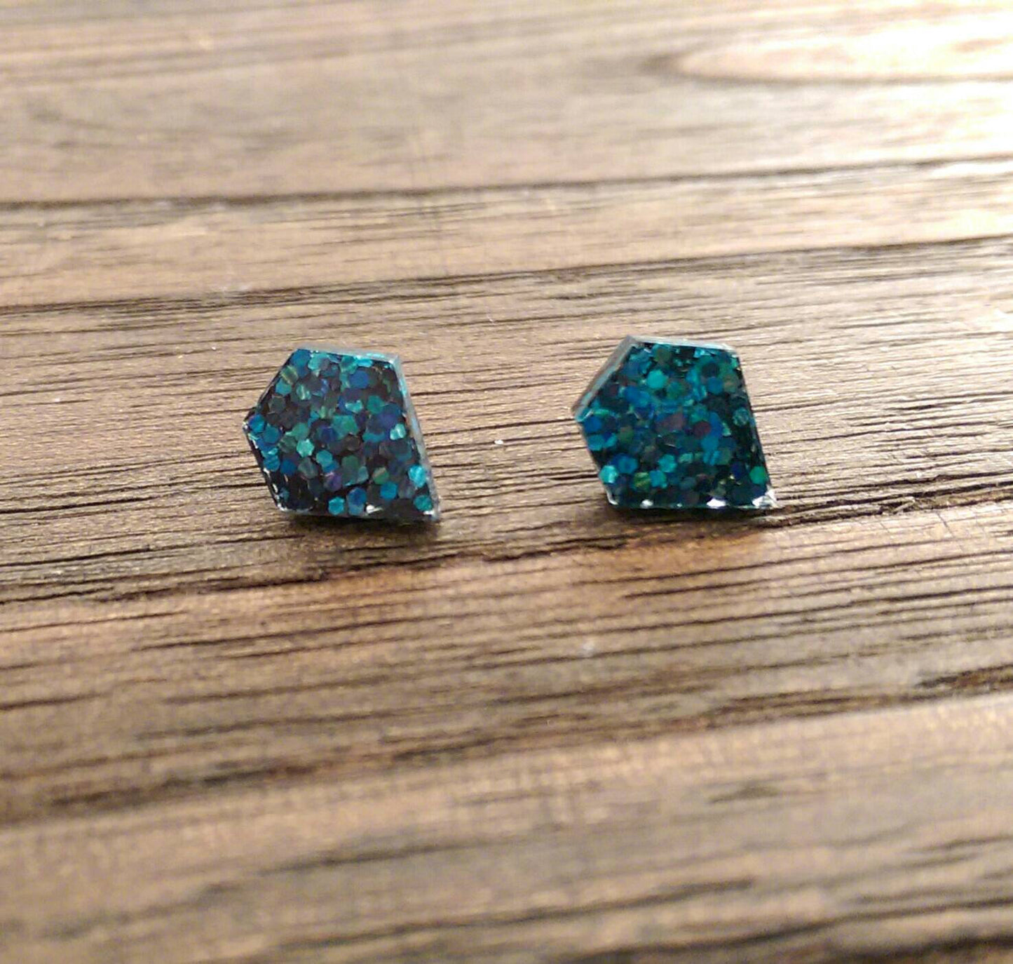 Diamond Cut Resin Stud Earrings, Dark Blue Midnight Sky Glitter Earrings - Silver and Resin Designs