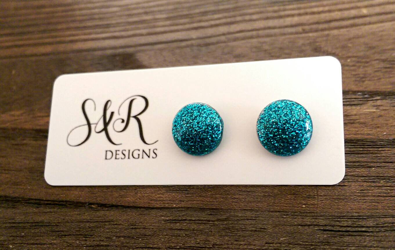 Circle Resin Stud Earrings, Fine Teal Glitter Earrings, Stainless Steel Stud Earrings. 12mm - Silver and Resin Designs
