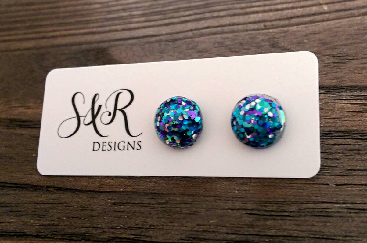 Circle Resin Stud Earrings, Teal Purple Silver Glitter Earrings, Stainless Steel Stud Earrings. 12mm - Silver and Resin Designs