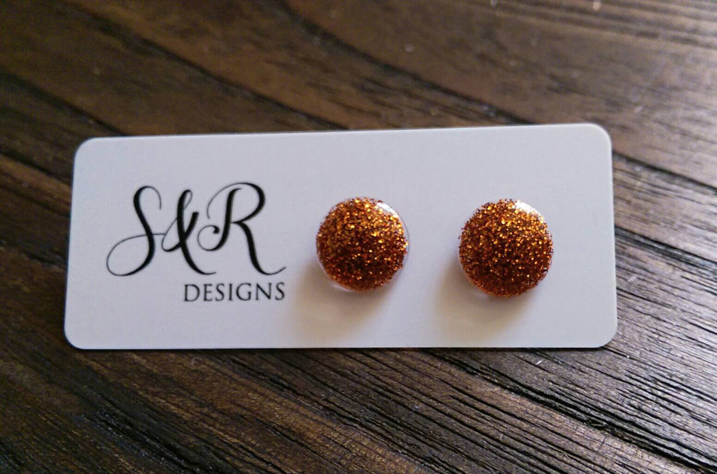 Circle Resin Stud Earrings, Orange Glitter Earrings 12mm - Silver and Resin Designs