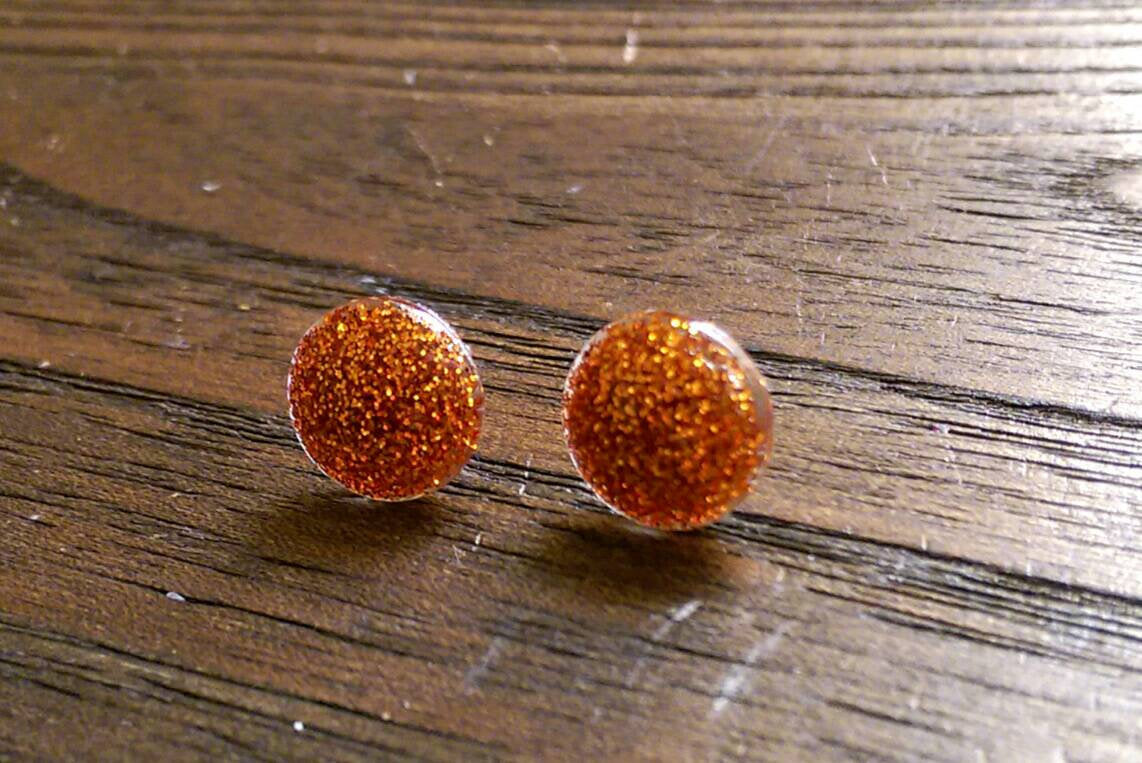 Circle Resin Stud Earrings, Orange Glitter Earrings 12mm - Silver and Resin Designs