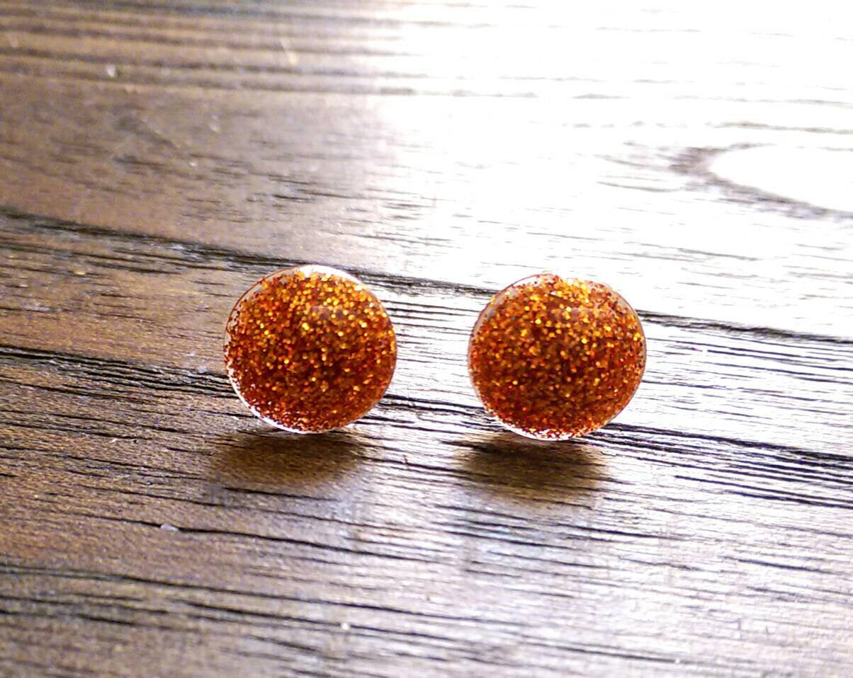 Circle Resin Stud Earrings, Orange Glitter Earrings 12mm - Silver and Resin Designs