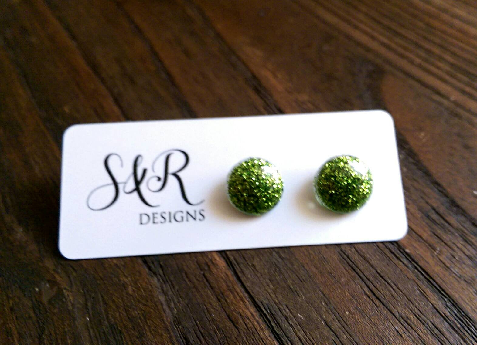 Circle Resin Stud Earrings, Green Glitter Earrings 12mm - Silver and Resin Designs