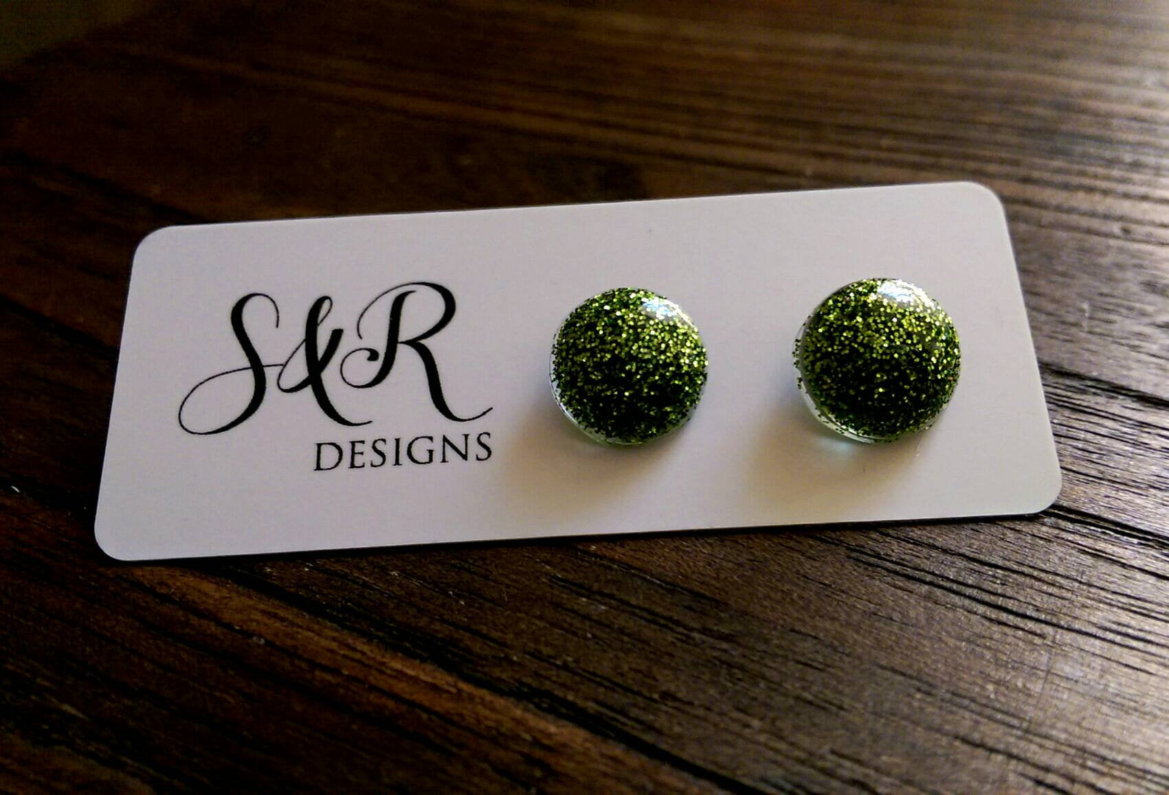 Circle Resin Stud Earrings, Green Glitter Earrings 12mm - Silver and Resin Designs