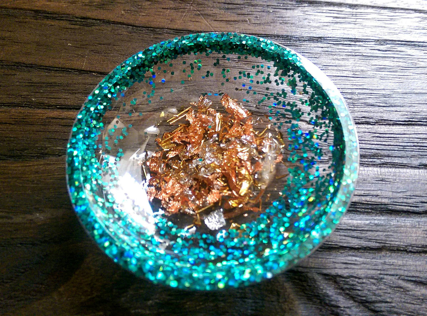 Ring Trinket Dish Turquoise Sparkly Glitter Mixed with Silver, Gold & Rose Gold Leaf - Silver and Resin Designs