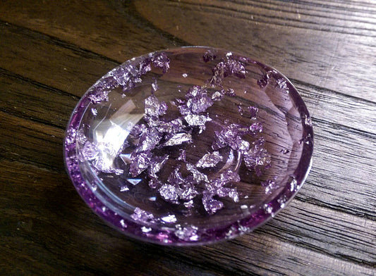 Trinket Ring Dish, Purple and Silver Leaf Ring Dish, Hand Made Resin Dish - Silver and Resin Designs