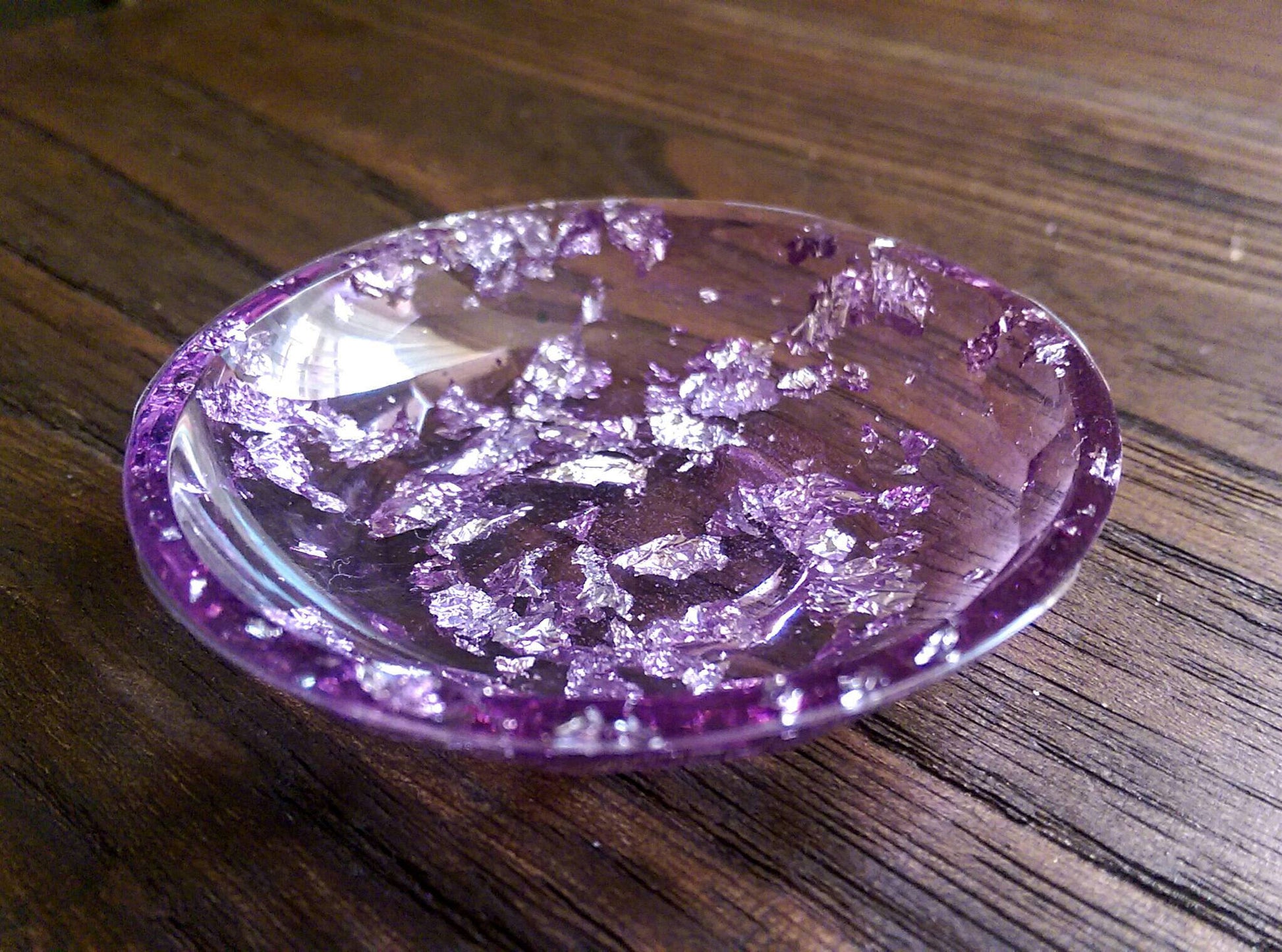 Trinket Ring Dish, Purple and Silver Leaf Ring Dish, Hand Made Resin Dish - Silver and Resin Designs