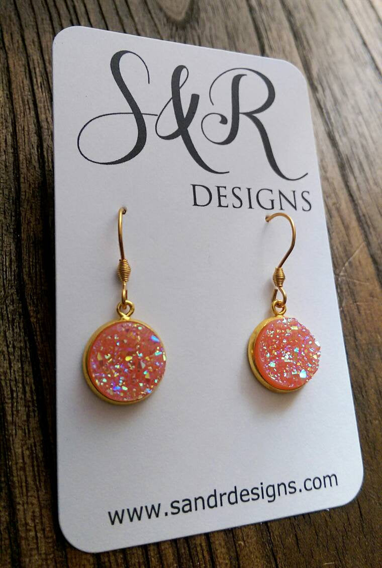 Peach AB Faux Druzy Dangle Earrings made of Stainless Steel Gold - Silver and Resin Designs