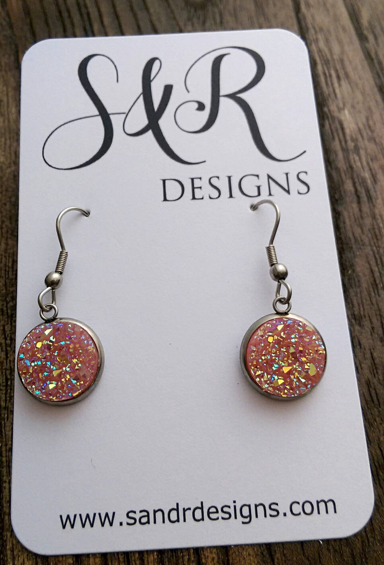 Peach AB Faux Druzy Dangle Earrings made of Stainless Steel Gold - Silver and Resin Designs