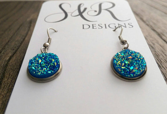 Dark Blue AB Sparkly Faux Druzy Dangle Earrings made of Stainless Steel - Silver and Resin Designs