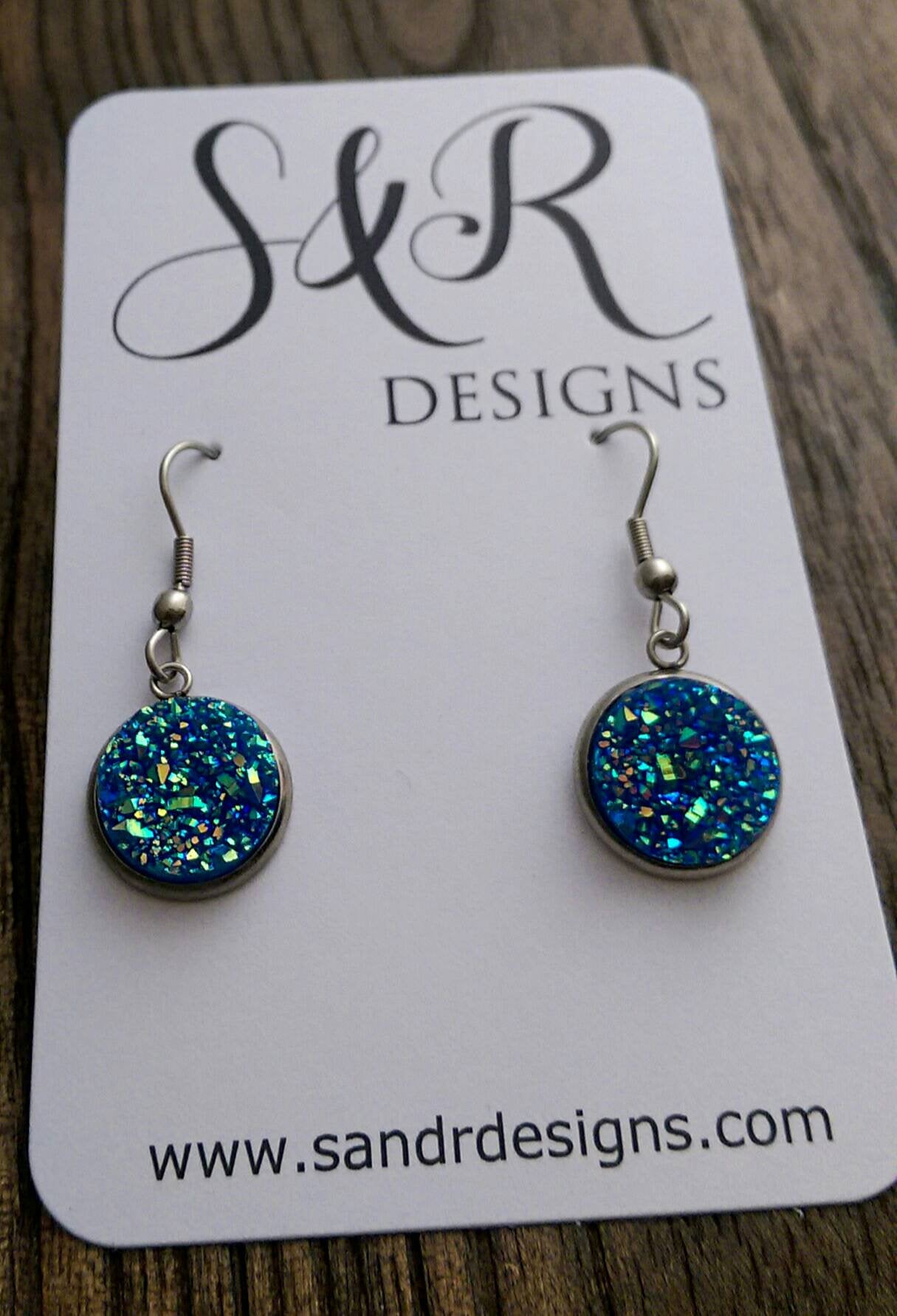 Dark Blue AB Sparkly Faux Druzy Dangle Earrings made of Stainless Steel - Silver and Resin Designs