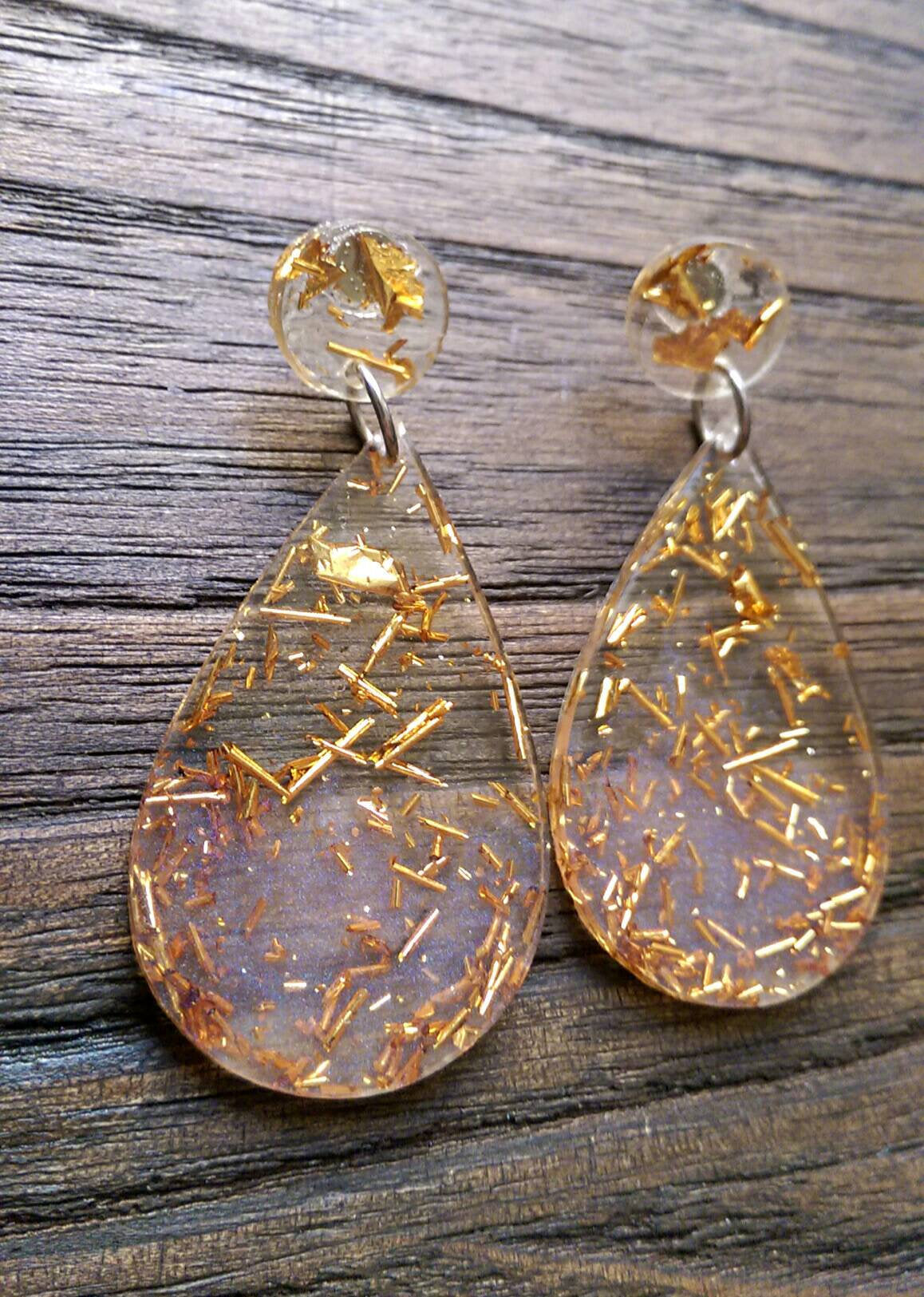 Teardrops Gold Leaf Earrings, Gold Leaf and Blush Teardrop Long Dangle Earrings, Statement Earrings