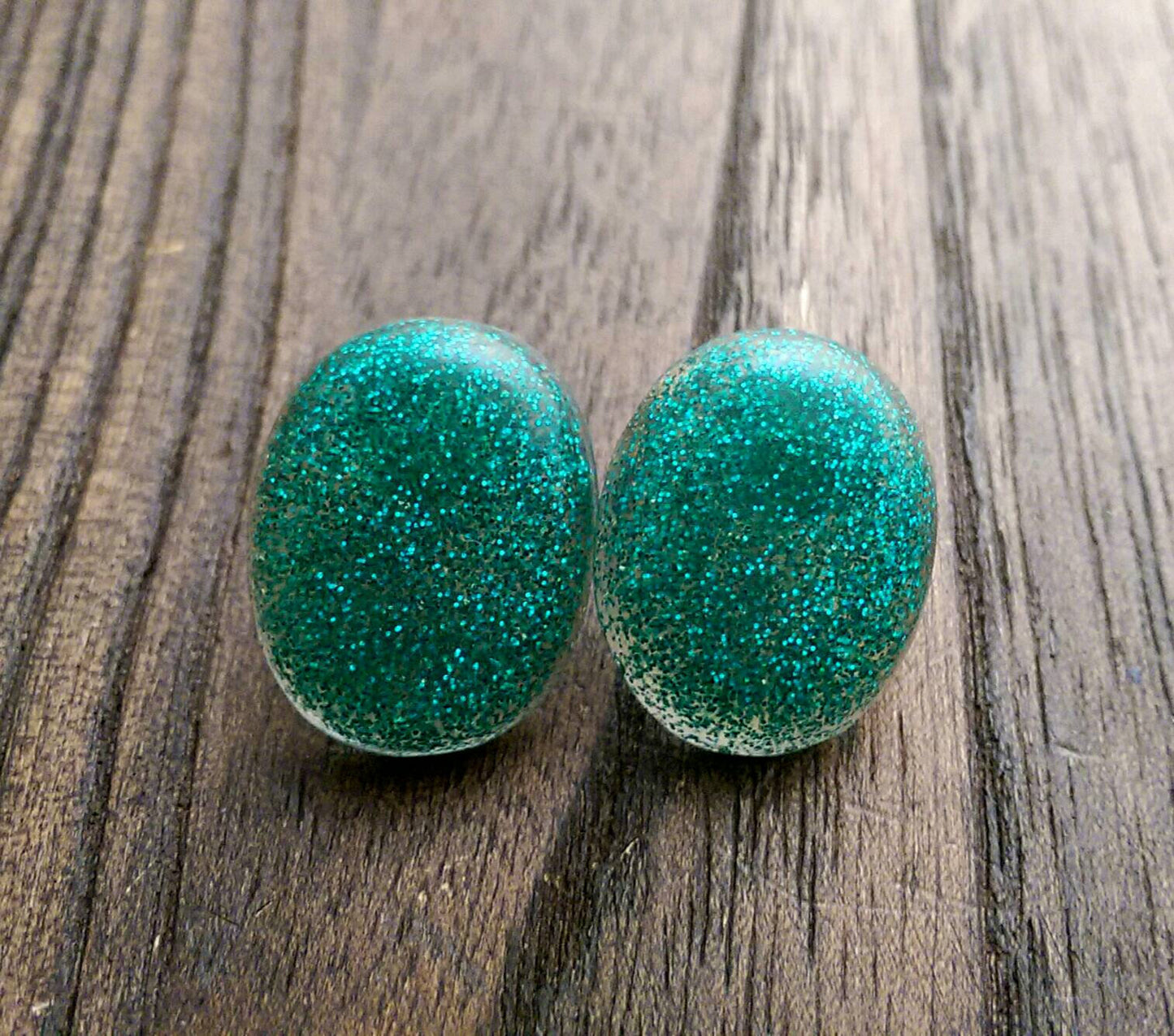 Oval Turquoise Resin Earrings, Glitter Earrings, Stainless Steel Earrings