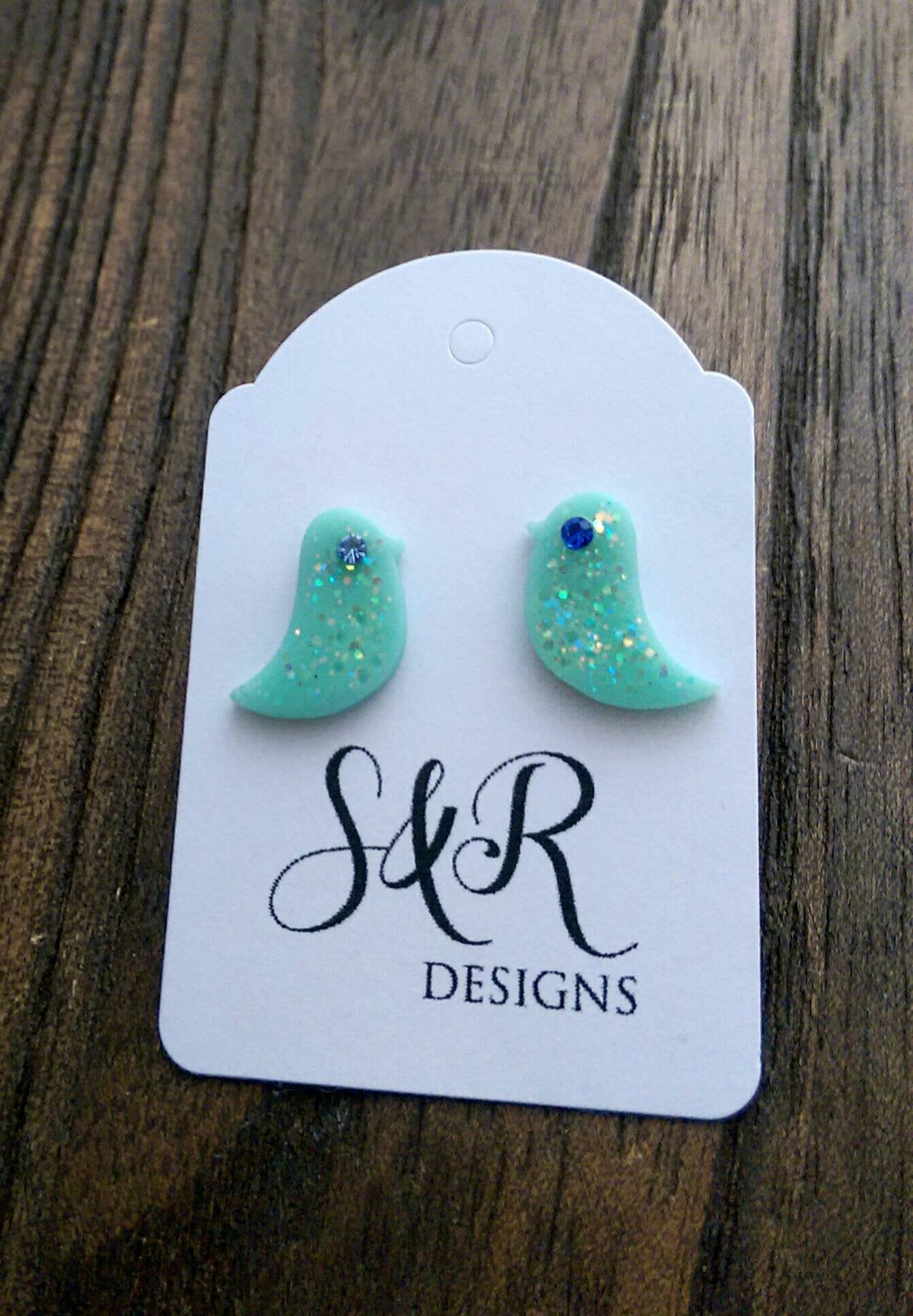 Blue Bird Resin Earrings, Glitter Earrings, Crystal Glass Earrings, Stainless Steel Earrings
