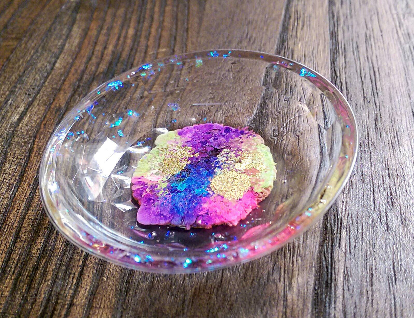 Resin Trinket Ring Dish, One of a kind Opal Glitter Gold Purple Punk Blue Ring Dish - Silver and Resin Designs