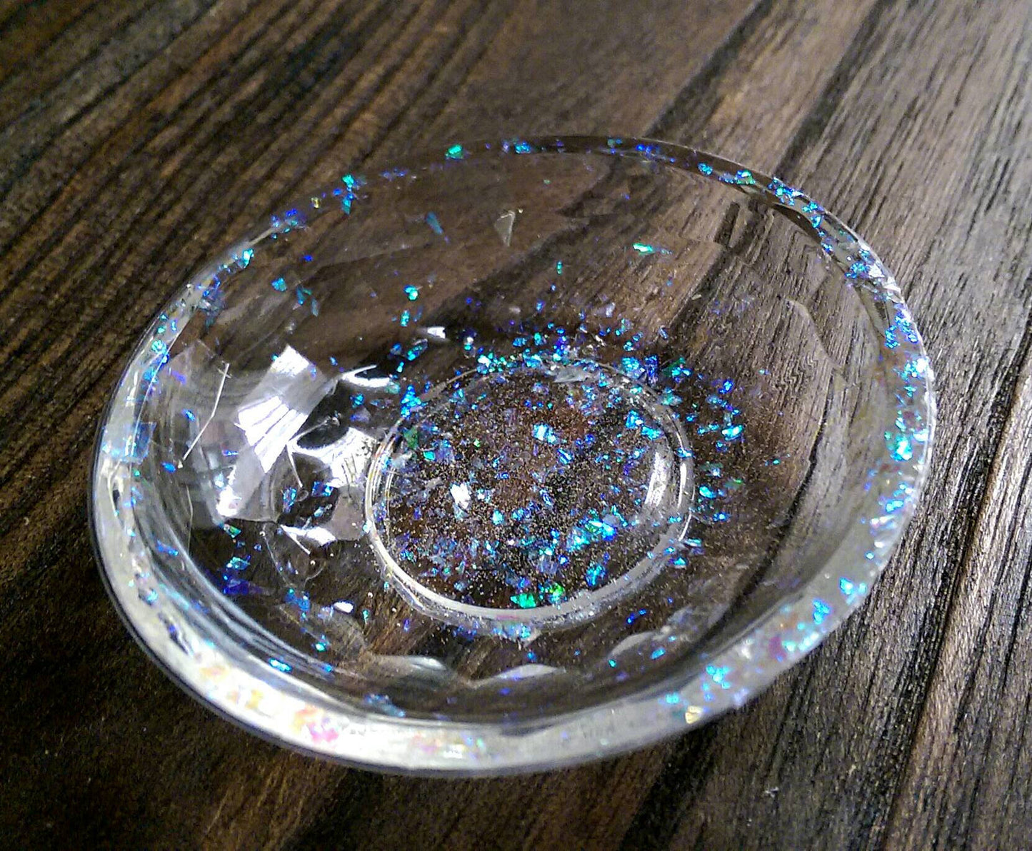 Resin Trinket Ring Dish, Opal Flake Glitter Ring Dish - Silver and Resin Designs