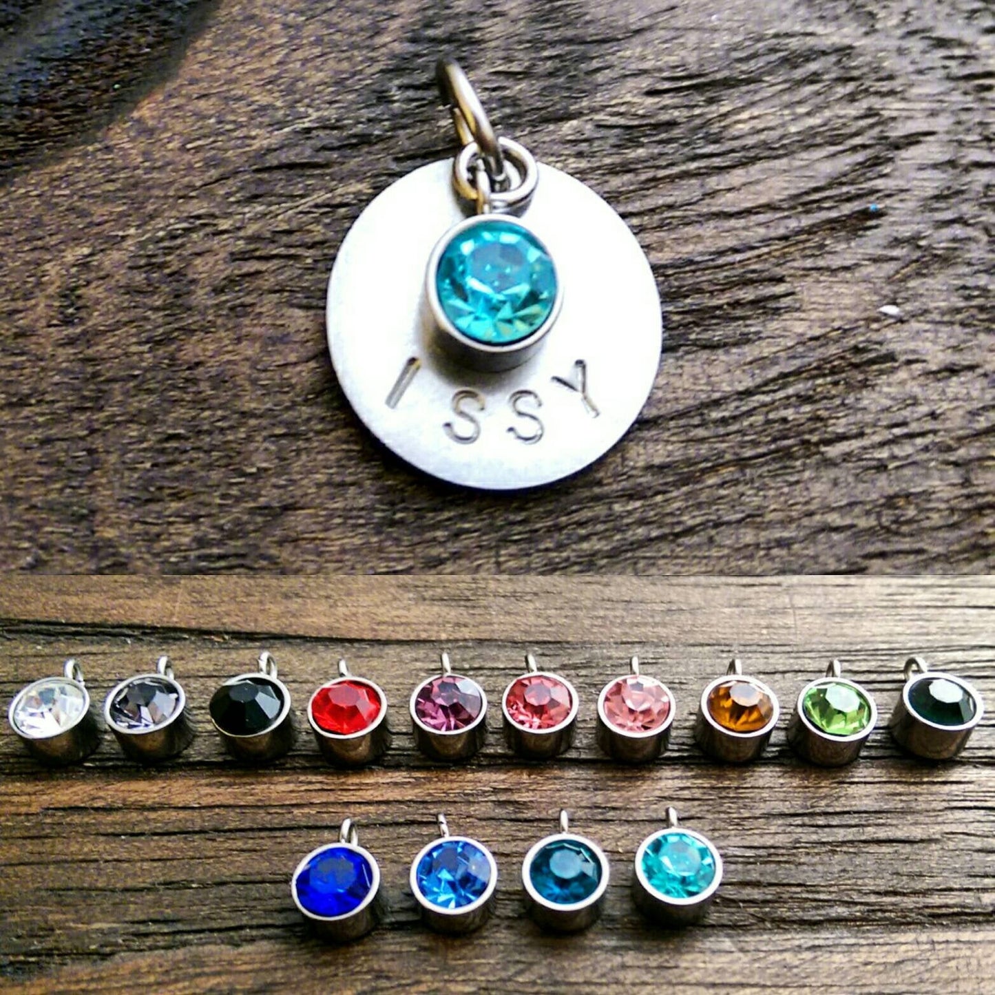 Personalised Hand Stamped Name Wine Ring Charm Disc with Crystal Charm. Choose Colour.
