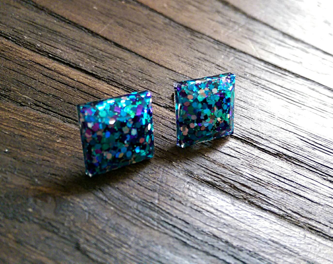 Square Resin Stud Earrings, Teal Purple Silver Glitter Earrings, Stainless Steel Stud Earrings. 12mm - Silver and Resin Designs