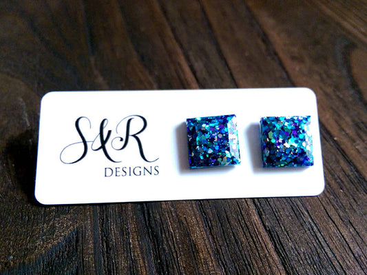 Square Resin Stud Earrings, Teal Purple Silver Glitter Earrings, Stainless Steel Stud Earrings. 12mm - Silver and Resin Designs