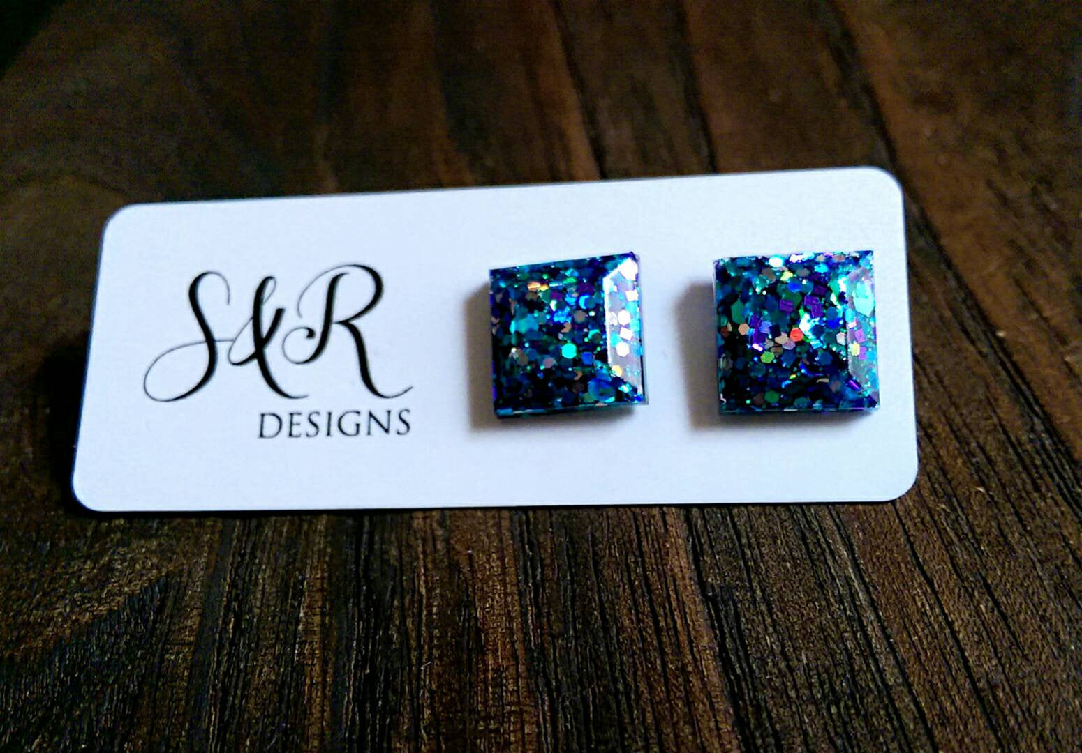 Square Resin Stud Earrings, Teal Purple Silver Glitter Earrings, Stainless Steel Stud Earrings. 12mm - Silver and Resin Designs