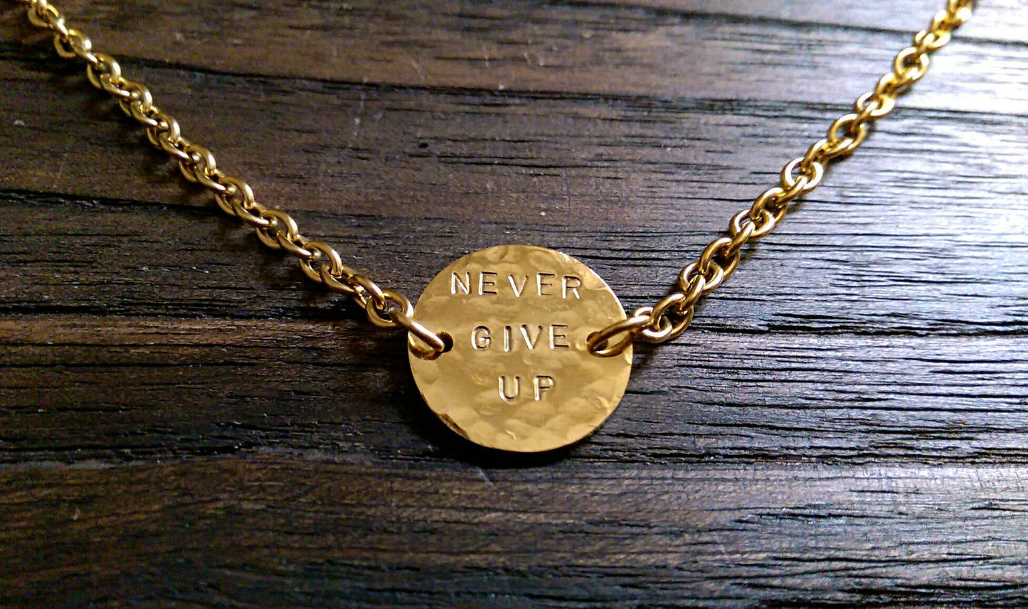 Hammered Pendant Necklace. Personalised Hand Stamped Necklace. Gold Stainless Steel Circle Necklace.