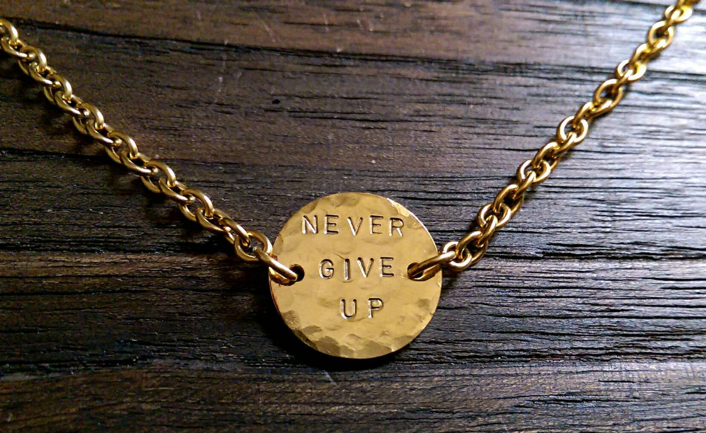 Hammered Pendant Necklace. Personalised Hand Stamped Necklace. Gold Stainless Steel Circle Necklace.