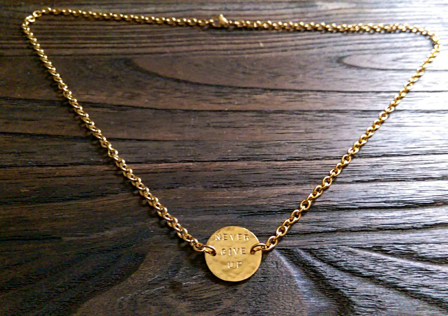 Hammered Pendant Necklace. Personalised Hand Stamped Necklace. Gold Stainless Steel Circle Necklace.