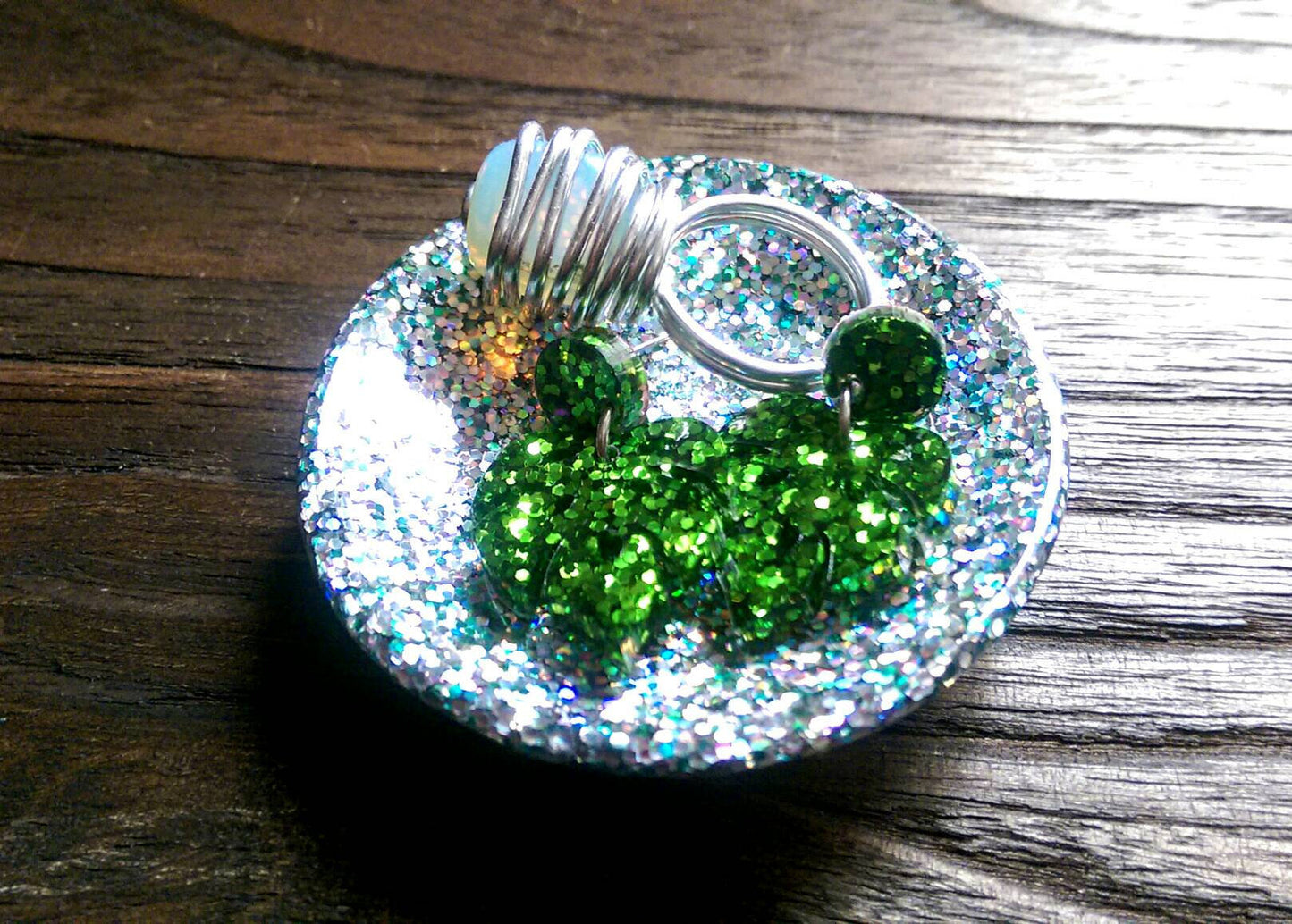 Ring Trinket Dish Silver Holographic & Green Holographic Sparkly Glitter Mix Hand Made Resin Dish
