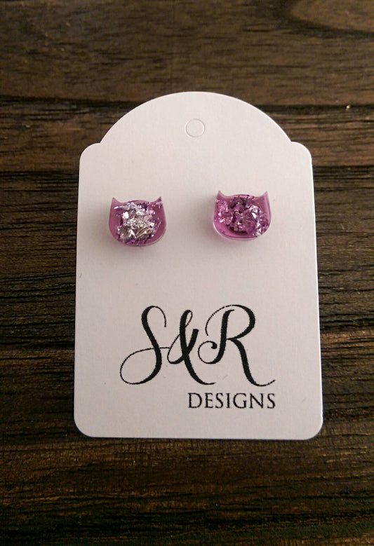 Cat Resin Stud Earrings, Leaf Earrings, Light Pink Silver Leaf Earrings made with Stainless Steel.