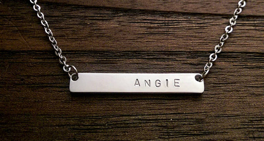 Personalised Name Bar Necklace Curved Bar Stainless Steel. - Silver and Resin Designs