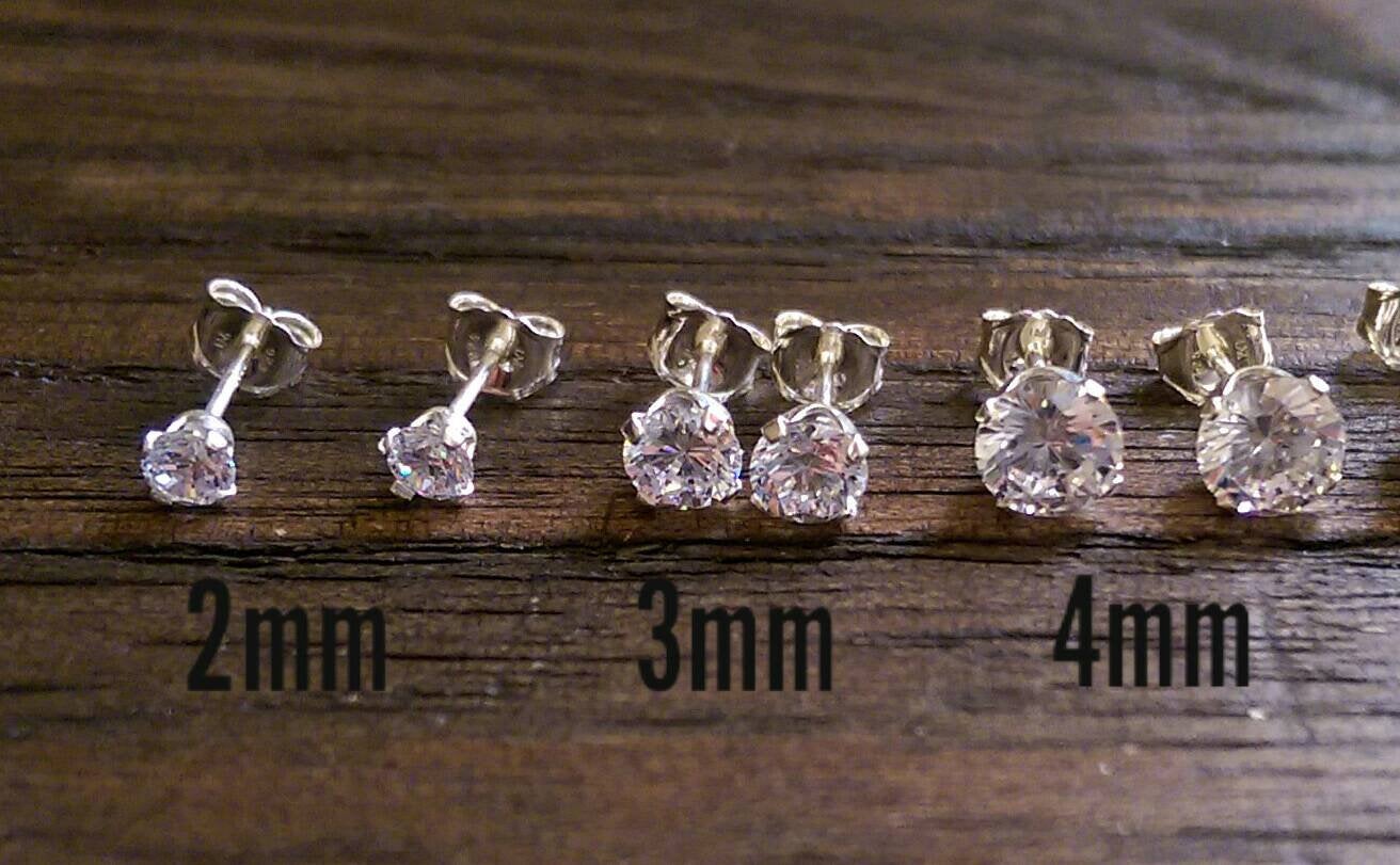 Sterling Silver CZ Stud Earrings, Cubic Zirconia Stud Earrings 2mm, 3mm, 4mm, 5mm, 6mm, 7mm, 8mm, 9mm, 10mm or 12mm