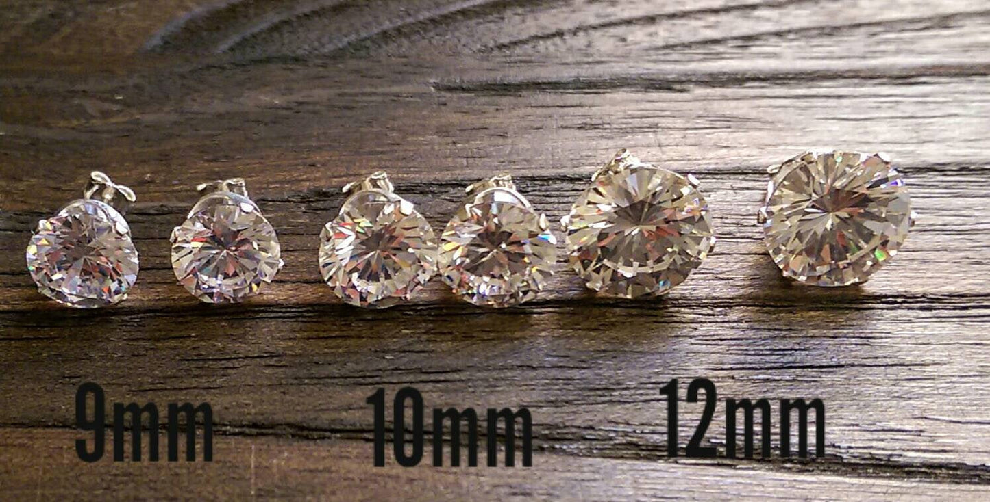 Sterling Silver CZ Stud Earrings, Cubic Zirconia Stud Earrings 2mm, 3mm, 4mm, 5mm, 6mm, 7mm, 8mm, 9mm, 10mm or 12mm
