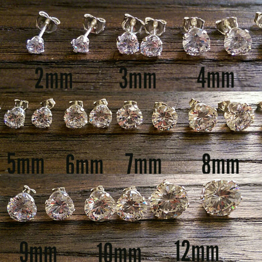 Sterling Silver CZ Stud Earrings, Cubic Zirconia Stud Earrings 2mm, 3mm, 4mm, 5mm, 6mm, 7mm, 8mm, 9mm, 10mm or 12mm