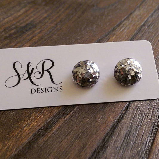 Circle Resin Stud Earrings, Silver Glitter Earrings, Stainless Steel Stud Earrings. 12mm - Silver and Resin Designs