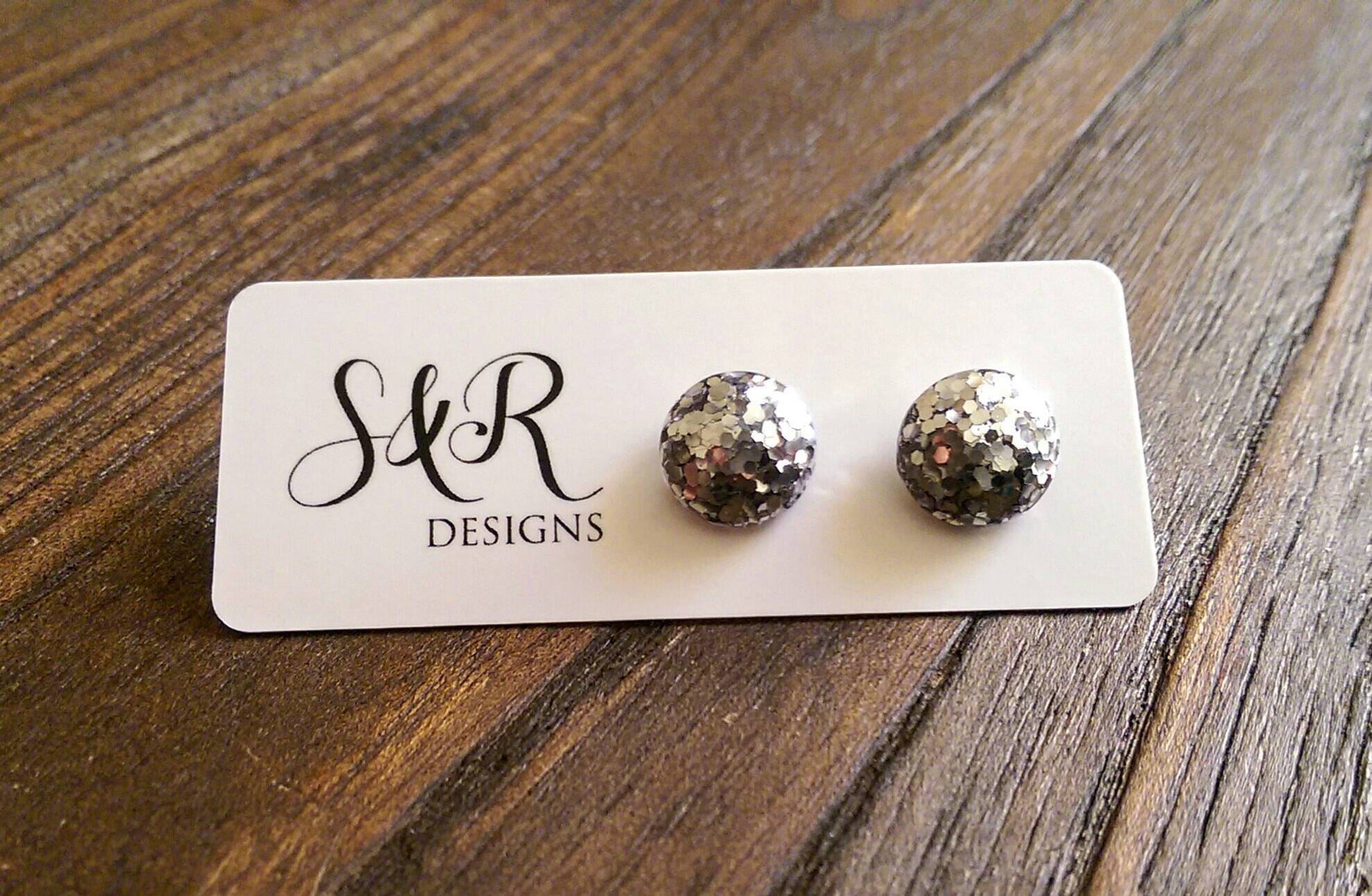 Circle Resin Stud Earrings, Silver Glitter Earrings, Stainless Steel Stud Earrings. 12mm - Silver and Resin Designs