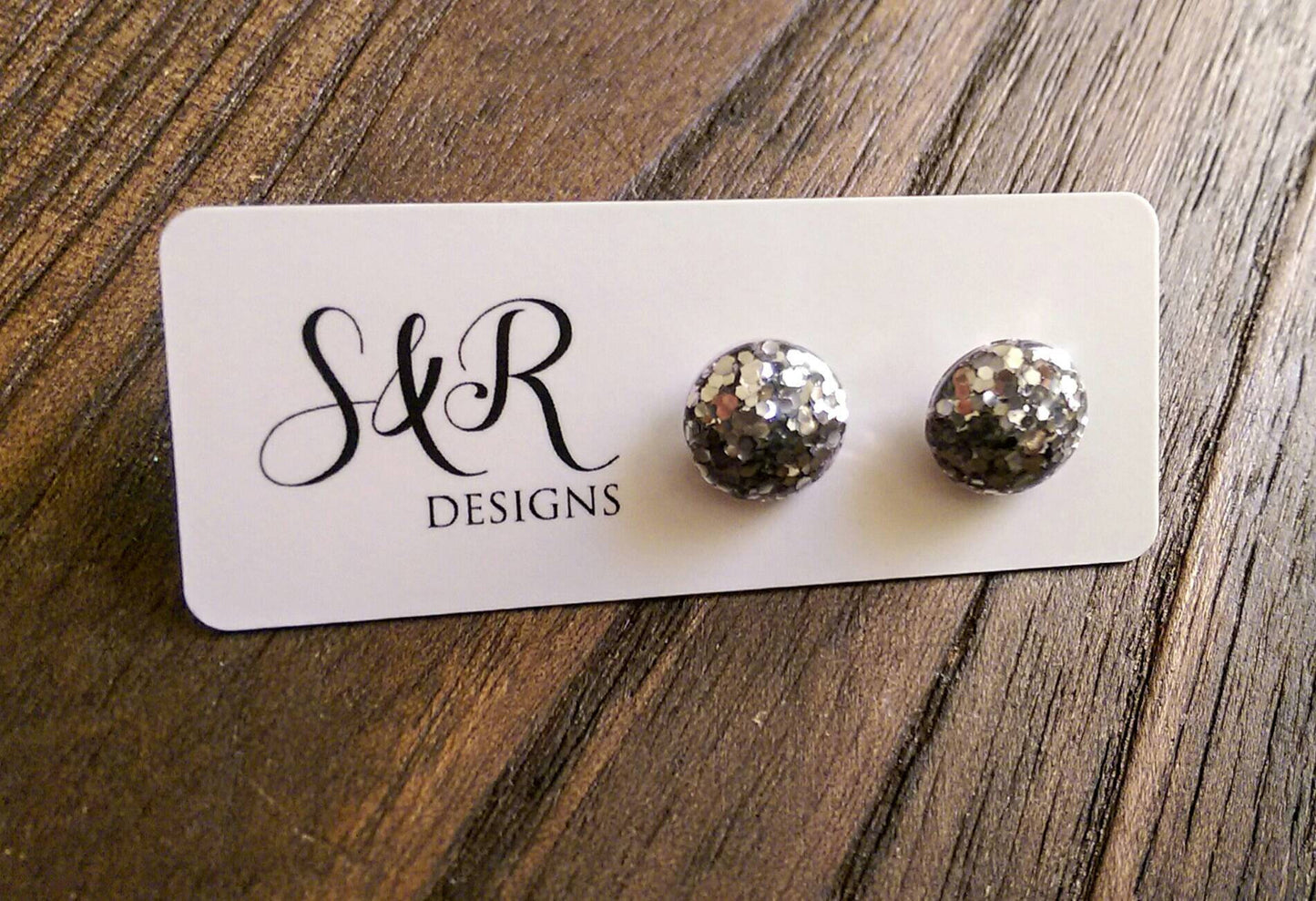 Circle Resin Stud Earrings, Silver Glitter Earrings, Stainless Steel Stud Earrings. 12mm - Silver and Resin Designs